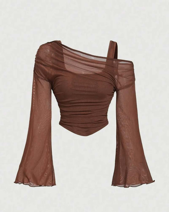 Bluse Netz Rüsche Langarm Cami