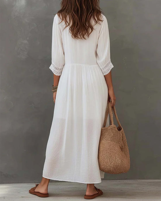 Kleid Kurzarm Spitzenbesatz Revers Lang