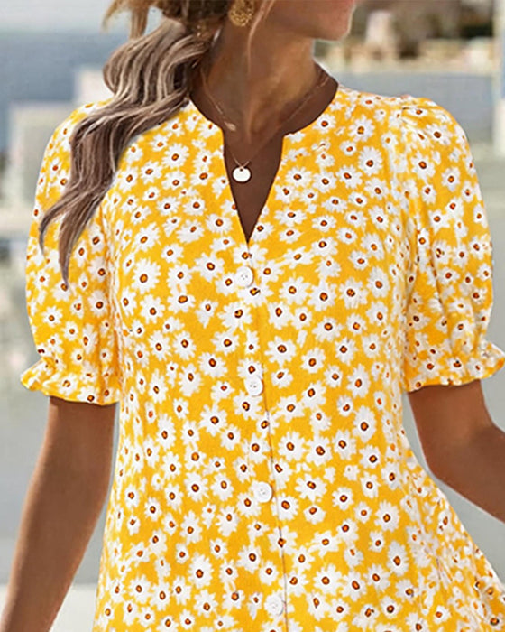Kleid V-Ausschnitt Blasenärmel Daisy