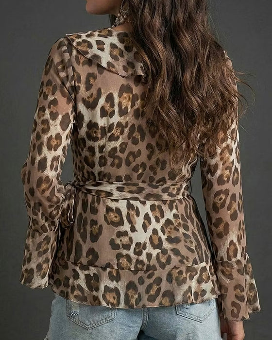 Bluse Rüsche Ärmel Leopard Druck