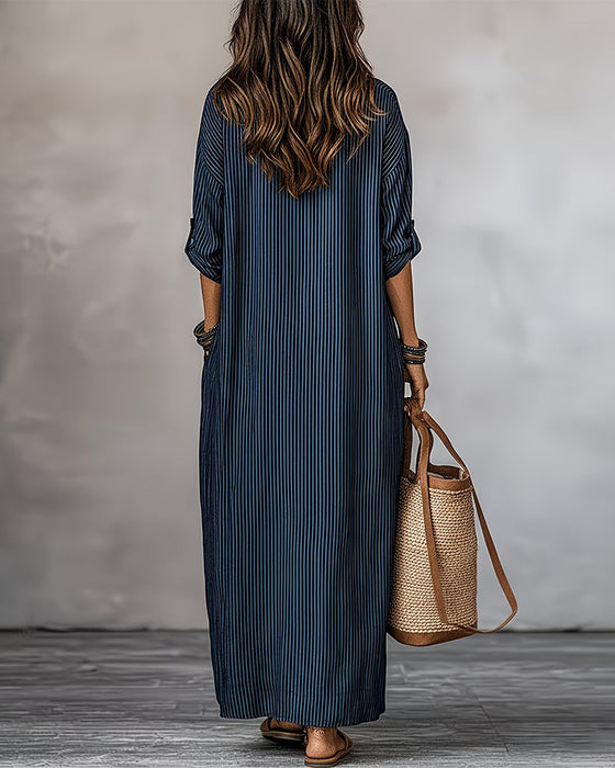 Kleid V-Ausschnitt Gestreift Tasche Hemd