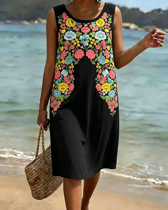 Kleid Bunt Blumen Ärmellos