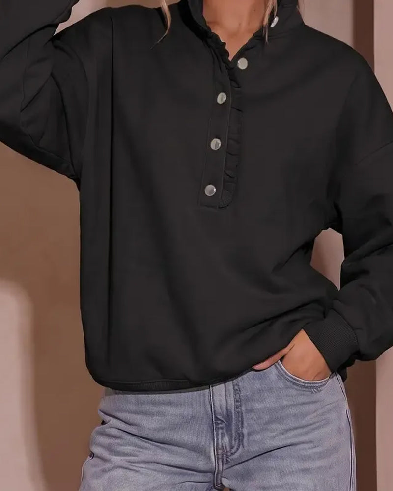 Sweatshirt Rüsche Geknöpft Langarm Locker