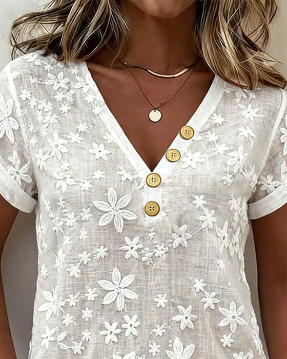 Bluse Unifarben 3D-Floral V-Ausschnitt