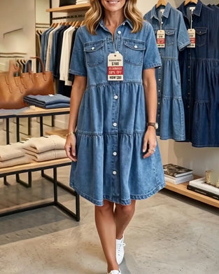 Kleid Denim Rüsche Lagen Kurzarm