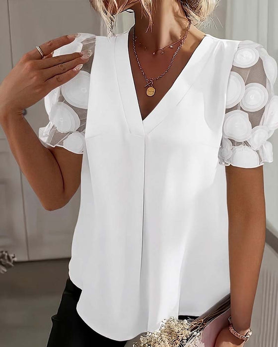 Bluse Puffärmel Mesh V-Ausschnitt