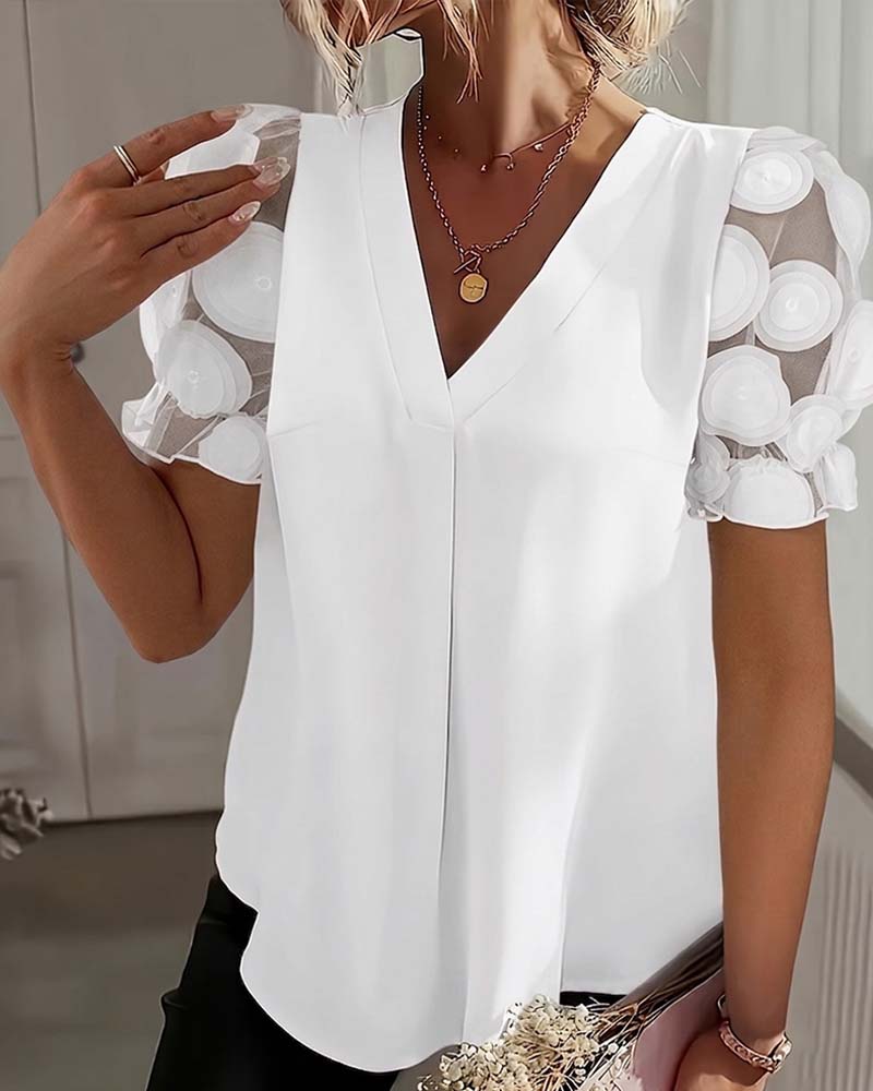 Bluse Puffärmel Mesh V-Ausschnitt