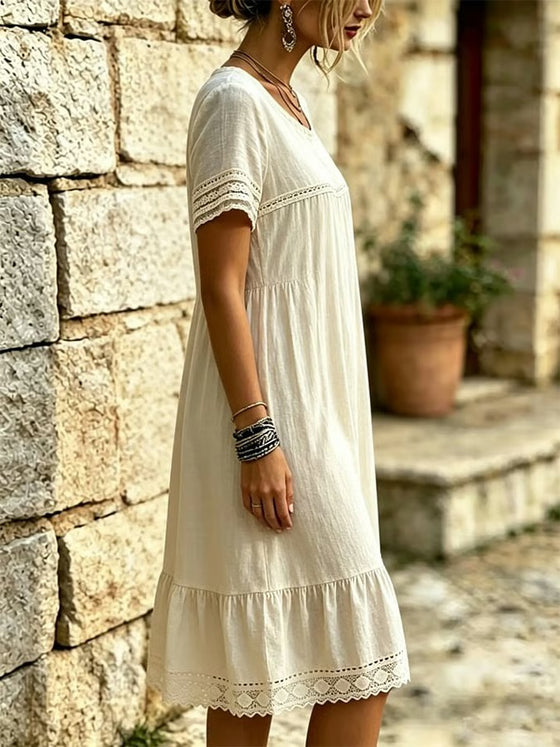 Kleid Spitze Rüsche Rund-Hals Kurzarm