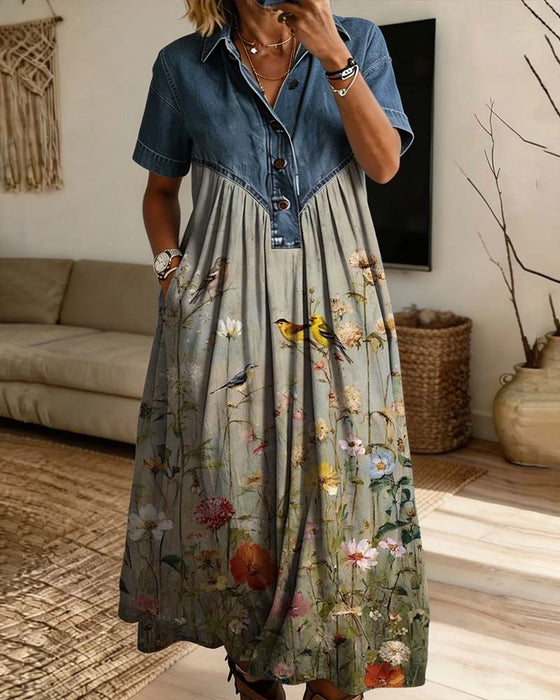 Kleid Hemdkragen Blumig Denim Patchwork