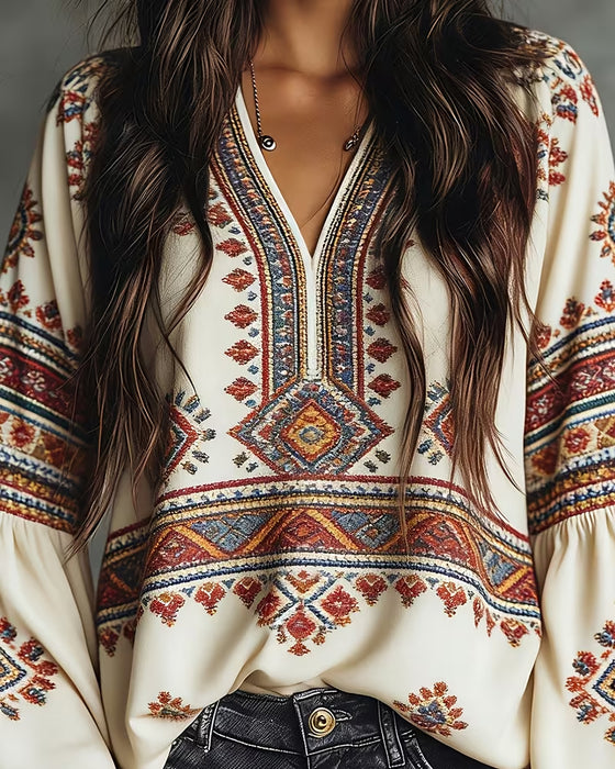 Bluse Ethno Geometrisch Print Laternenärmel