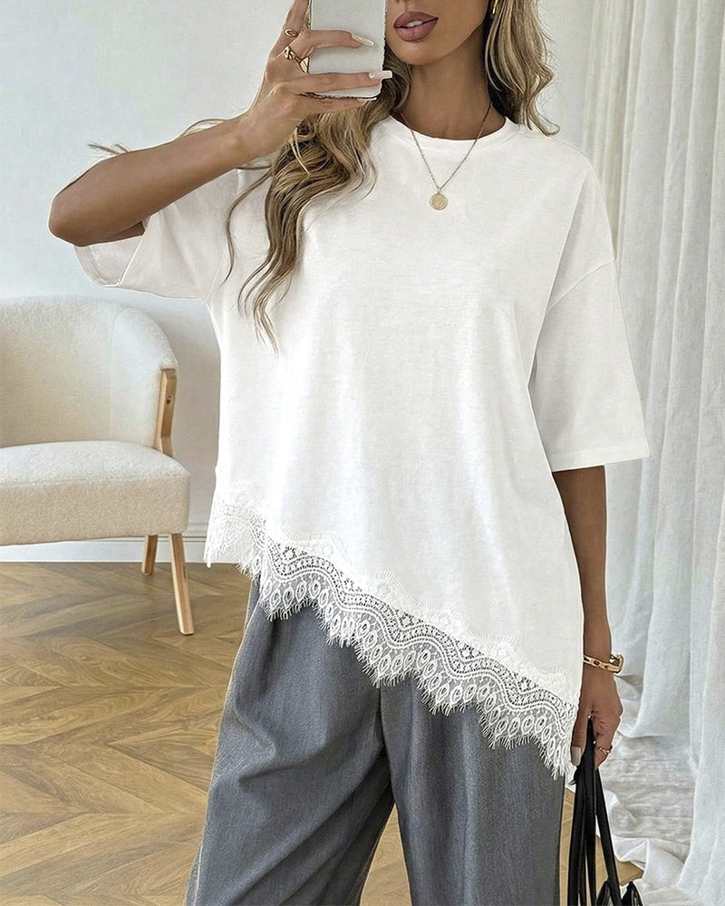 Bluse Asymmetrisch Spitze Zusammengesetzter Saum Kurzarm