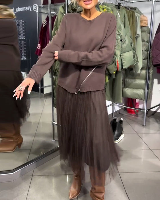 Stylisches Set Mit Rundhalspullover Und Reißverschlussdetail