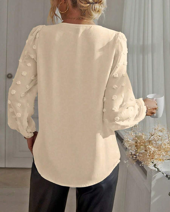 Bluse 3D-Blume Laternenärmel V-Ausschnitt