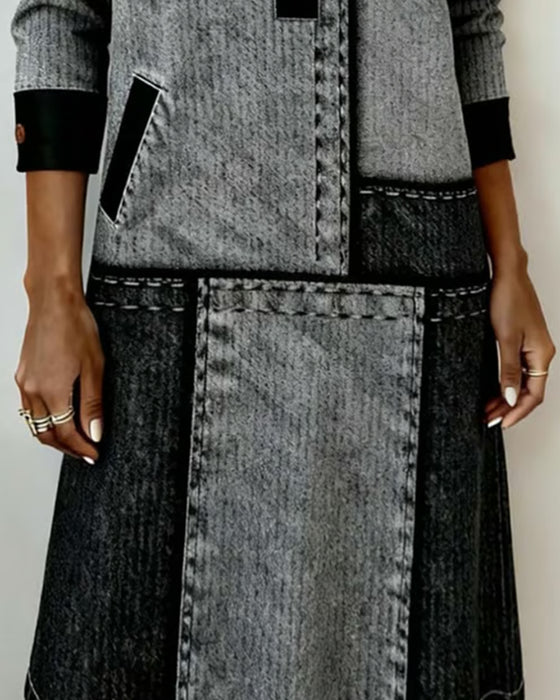 Kleid Knopf Revers V-Ausschnitt Colorblock Modisch