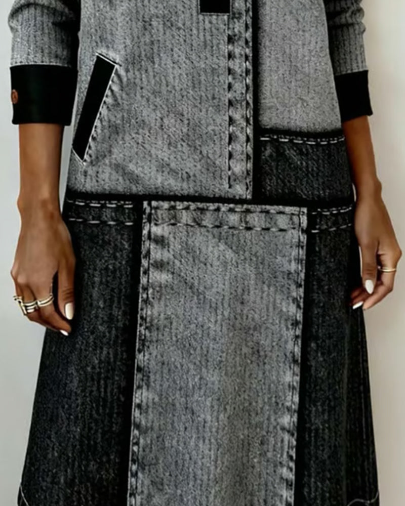 Kleid Knopf Revers V-Ausschnitt Colorblock Modisch