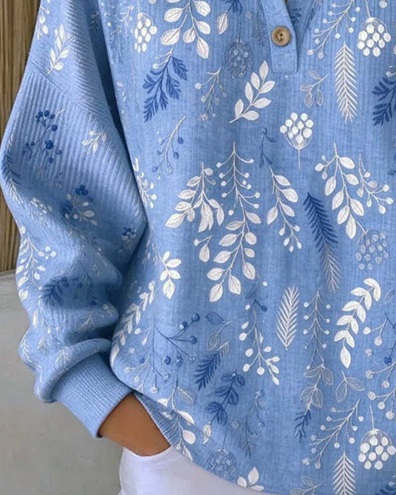 Sweatshirt Waffel Henry Kragen Blumenprint