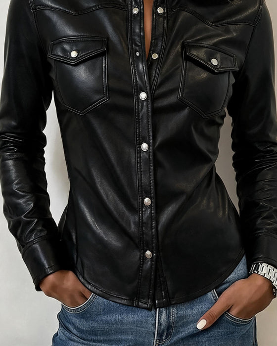 Bluse Revers Knopf Vorne Tasche Langarm
