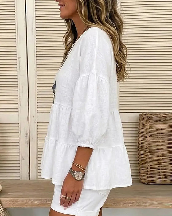 Bluse Rundhals Baby Doll Laterne Mittel Ärmel