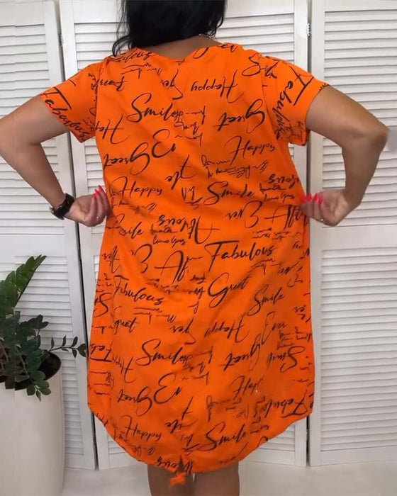 Kleid Rundhalsausschnitt Schriftzug Kurzarm