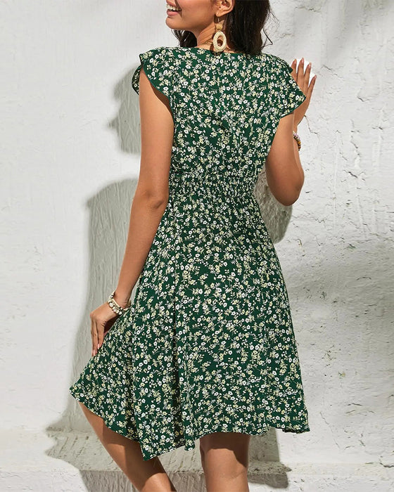 Kleid Rundhals Elastische Kräuselung Blumig