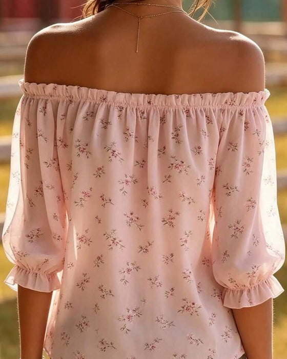 Bluse Off-Shoulder Blumig Dreiviertel Ärmel