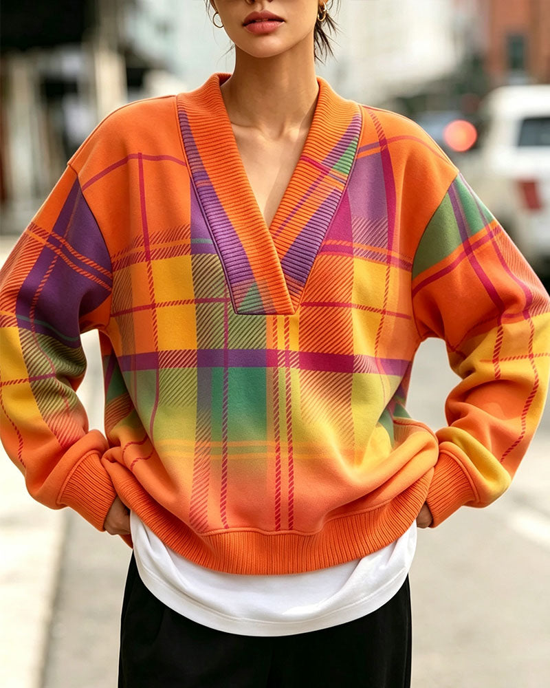 Sweatshirt V-Ausschnitt Karo Lässig