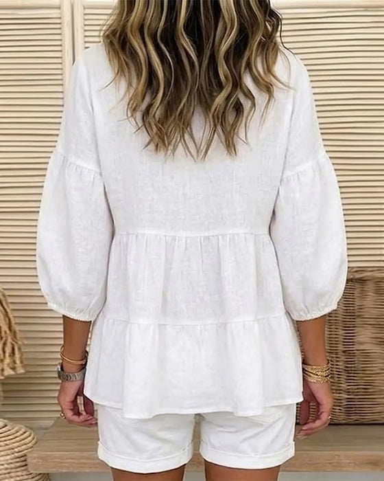 Bluse Rundhals Baby Doll Laterne Mittel Ärmel