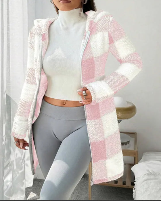 Damen Kapuzenmantel Aus Fleece Mit Karomuster Und Langen Ärmeln