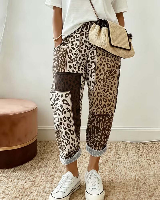 Hose Leopard Druck Karo Kontrast Patchwork Lässig