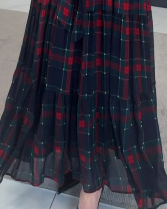 Kleid V-Ausschnitt Kariert Langarm
