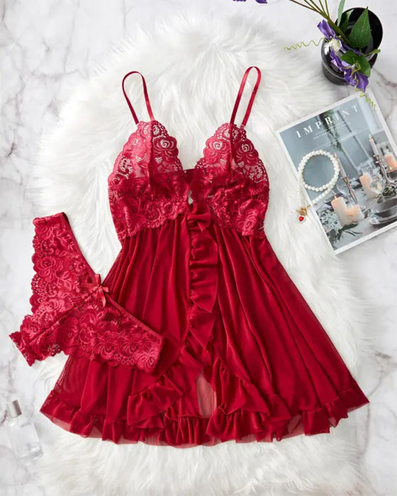Cami Nachthemd & Schleifen-Deko Slip Set Damen Sexy Rüschenbesatz Spitze