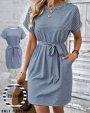Kleid Rundhals Streifen Krawatte Taille