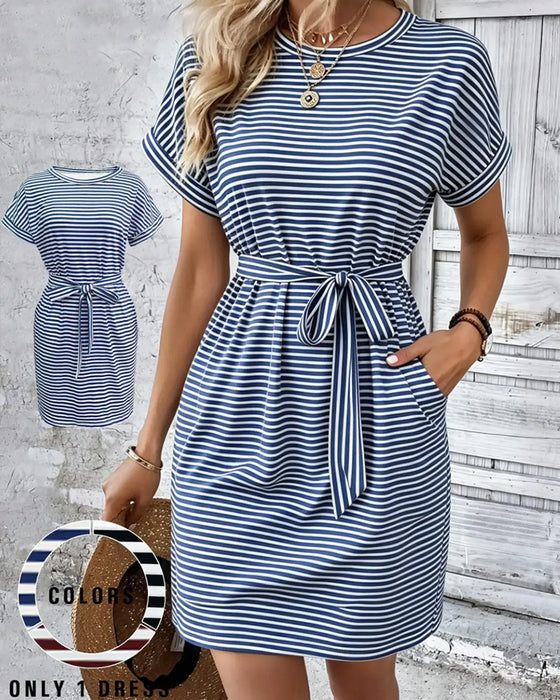 Kleid Rundhals Streifen Krawatte Taille