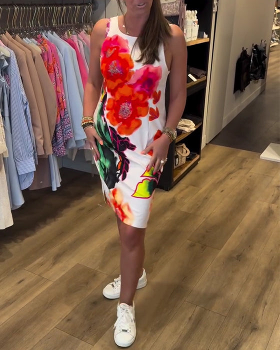 Kleid Aquarell Große Blume Ärmellos Hüfte