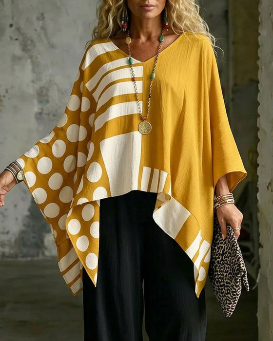 Bluse Polka Dot Streifen Patchwork V Ausschnitt