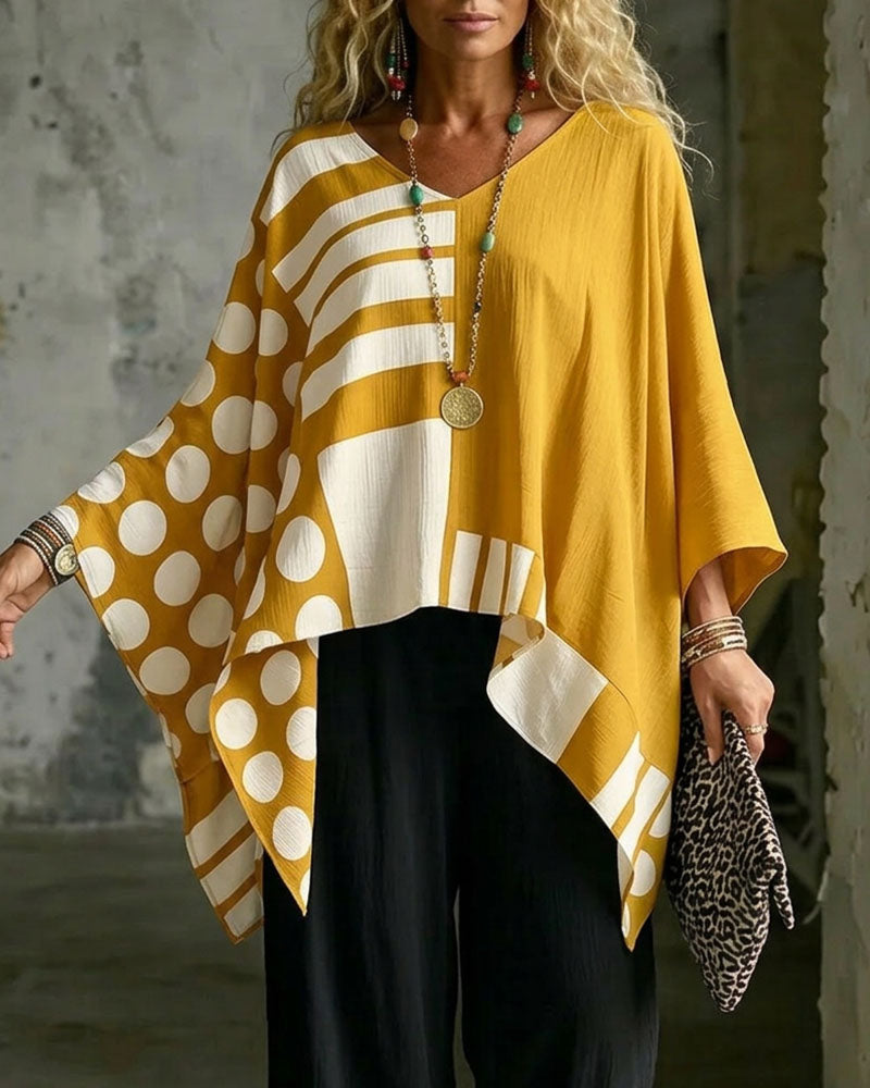 Bluse Polka Dot Streifen Patchwork V Ausschnitt