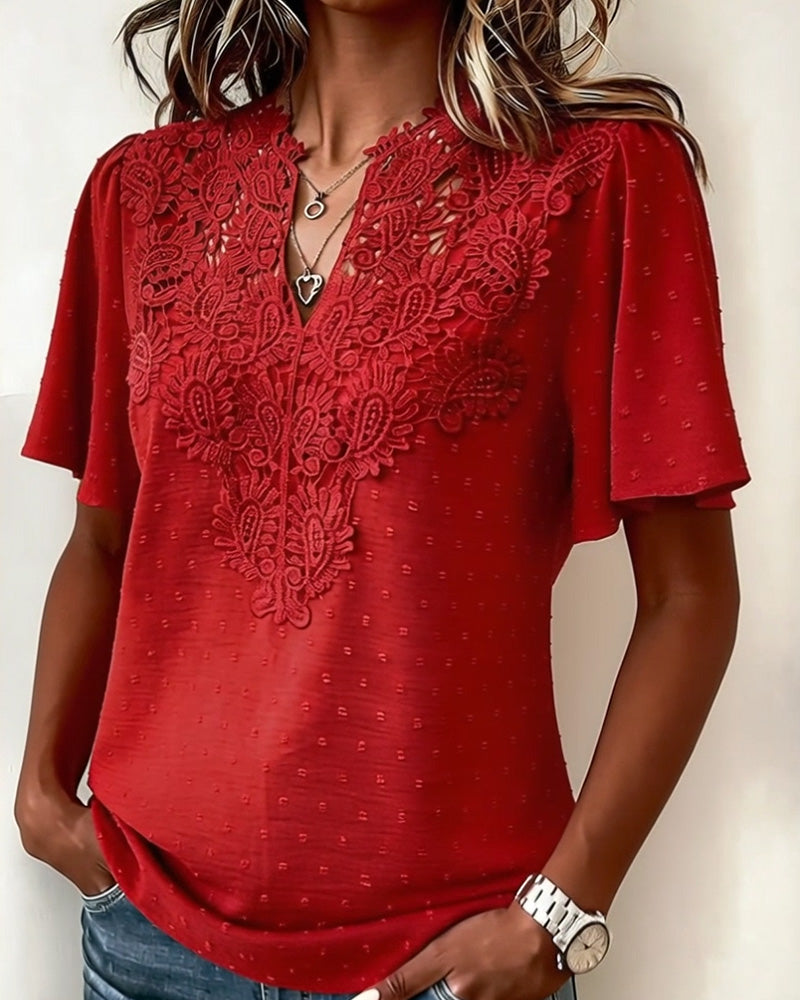 Bluse Spitze V-Ausschnitt Kurzarm