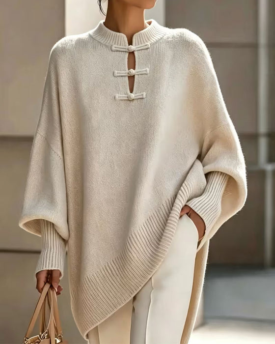Pullover Mandarin Knoten Knopf Loose Fit Cape