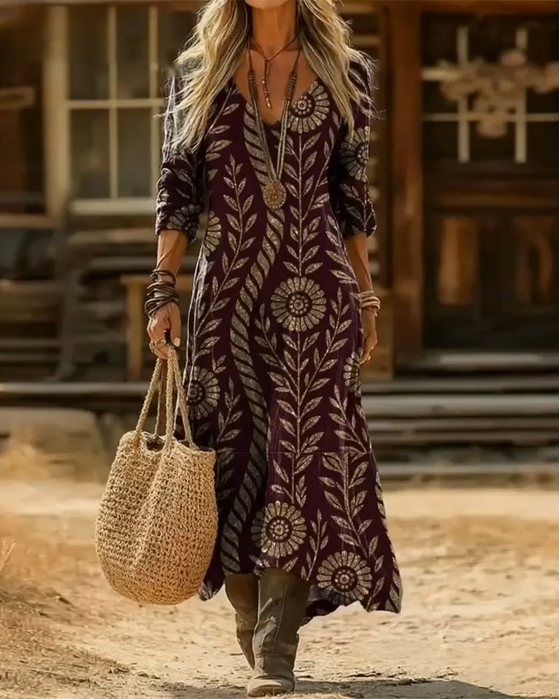 Kleid V-Ausschnitt Blattprint