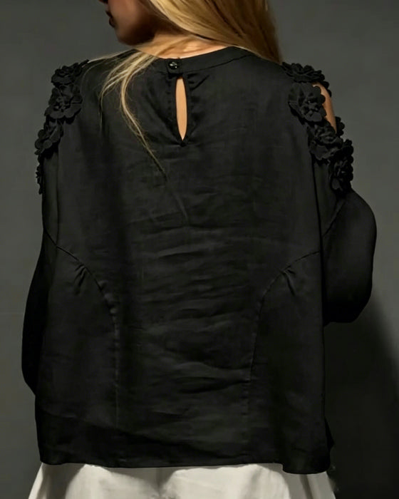 Blusen Rundhals Ausschnitt Off-Shoulder 3D Blumig