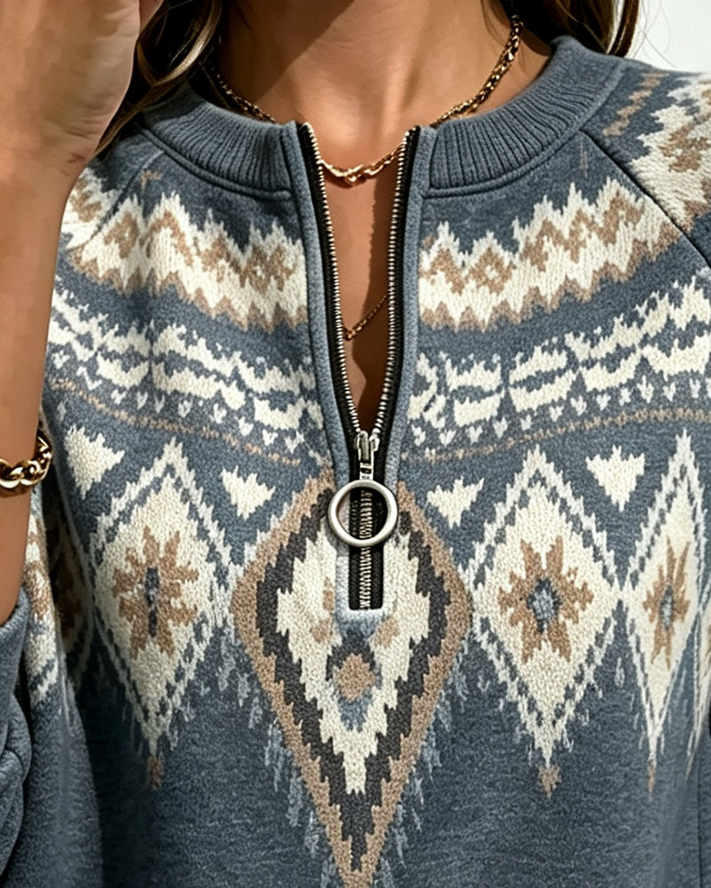 Sweatshirt Reißverschluss Bedruckt Langarm