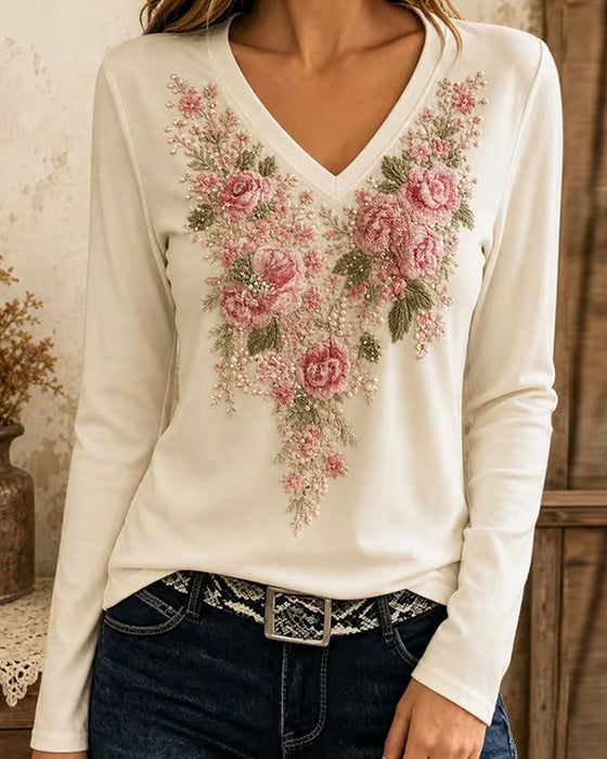 T-Shirt Langarm V-Ausschnitt Blumen