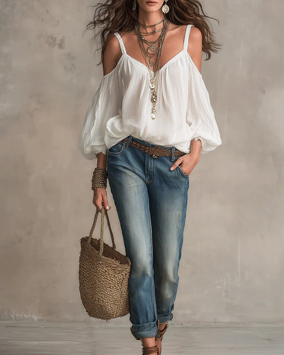 Bluse Off-Shoulder Puff Träger