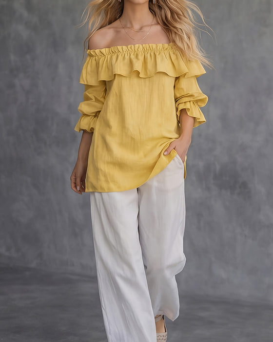 Bluse Off-Shoulder Rüsche Einfarbig Locker