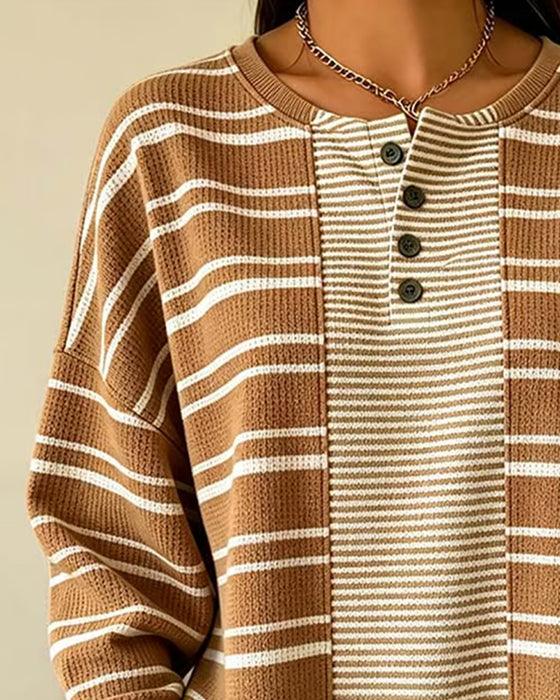 Sweatshirt Gestreift Patchwork Langarm Henley