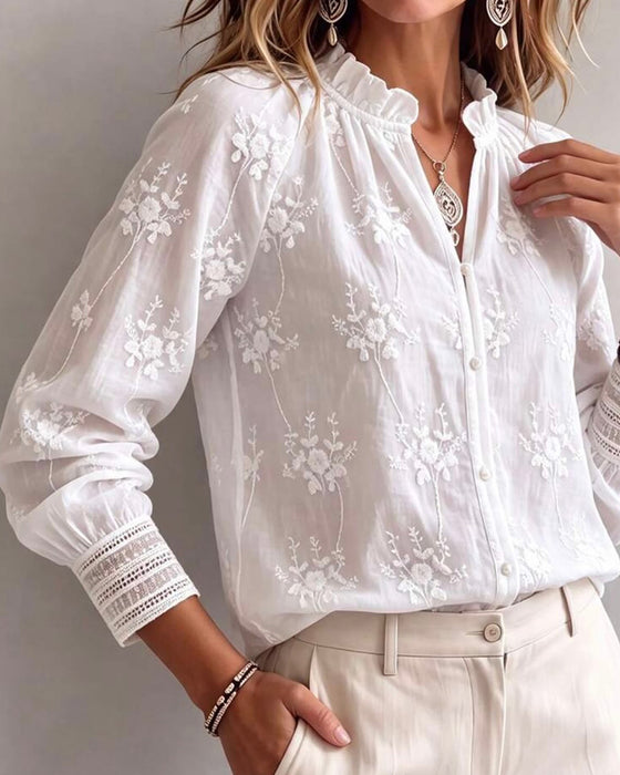 Bluse Rüsche Kante Mandarin Kragen