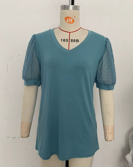 Bluse Einfarbig Mesh Puffärmel
