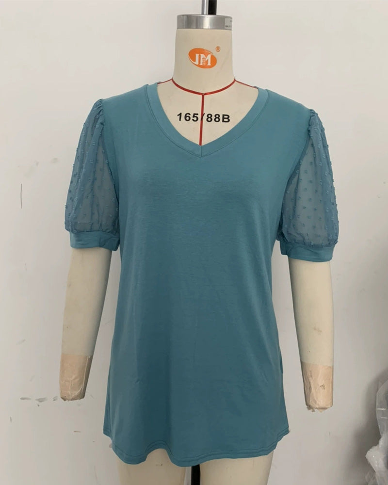 Bluse Einfarbig Mesh Puffärmel