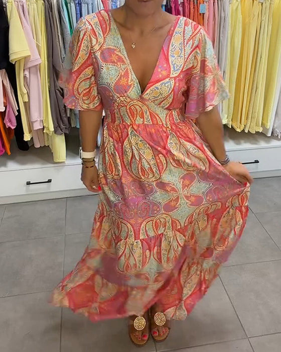 Kleid V-Ausschnitt Rüsche Druck