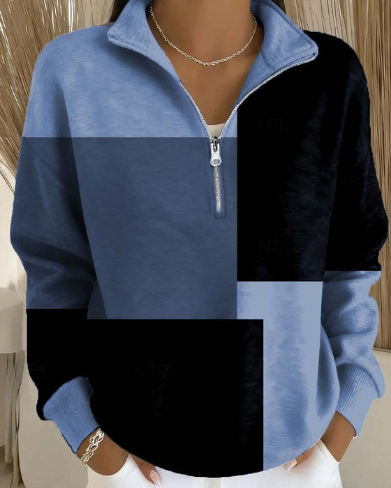 Sweatshirt Karo Farbblock Reißverschluss Stehkragen